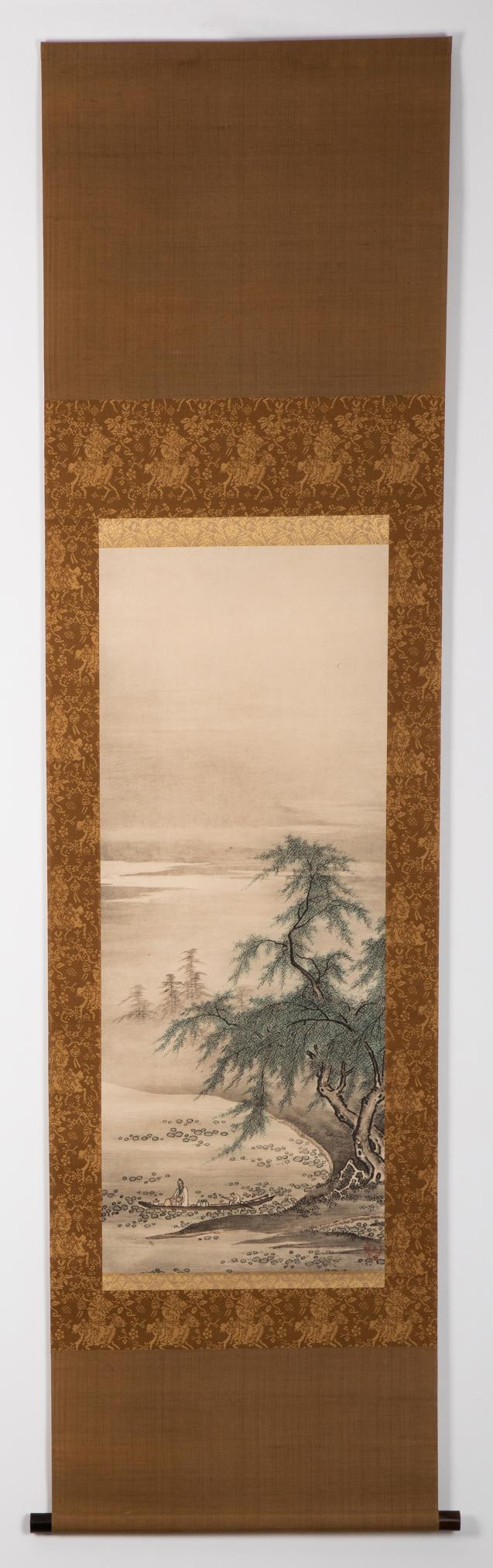 《周茂叔爱莲图》  日本狩野正信绘 复制品 彩印卷轴.png