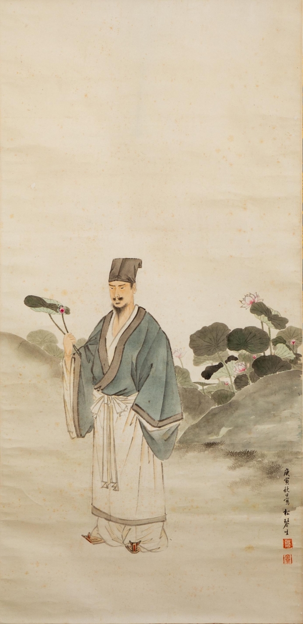 《爱莲图》 纸本卷轴  日本松琴生手绘