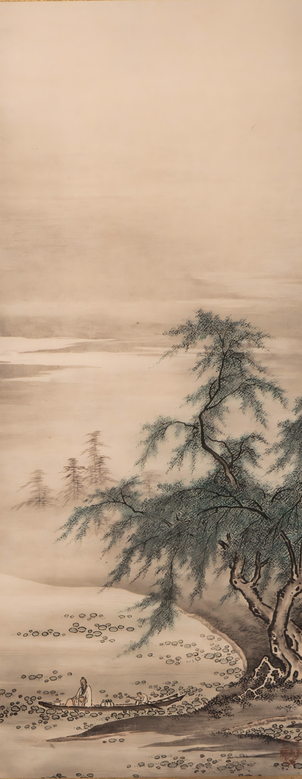 《周茂叔爱莲图》  日本狩野正信绘 复制品 彩印卷轴